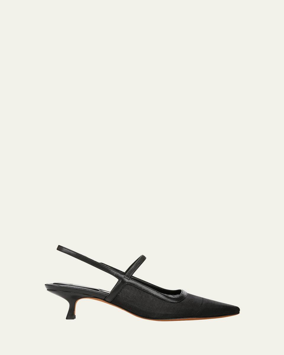 Mesh Leather Kitten Slingback Pumps